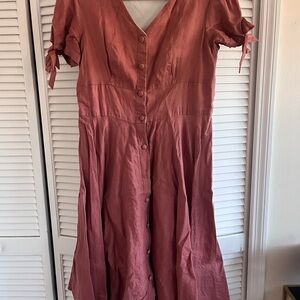 Rust-Colored Button-Front Linen Midi Dress